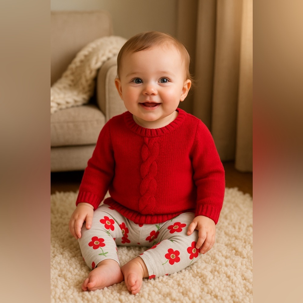 Old Navy Red Cable Knit Sweater & Carter’s Floral Leggings Set 18 Mths (12–18M)